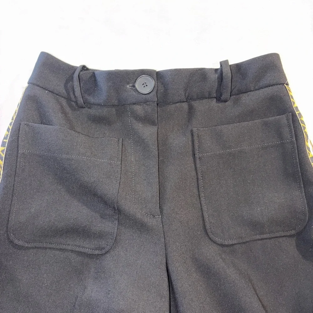 Zara Basic Black Wide Leg Side Stripe Trousers Gold Geometric Tape Small